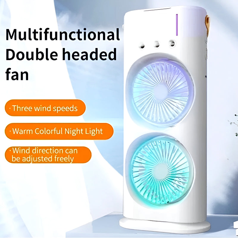 3-in-1 Multifunctional Rechargeable Spray Cooling Fan with Dual Head, RGB Lights & Mist Cooling