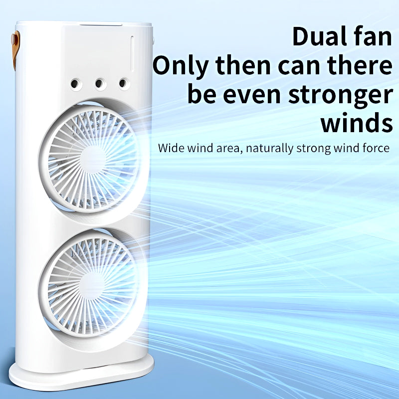 3-in-1 Multifunctional Rechargeable Spray Cooling Fan with Dual Head, RGB Lights & Mist Cooling