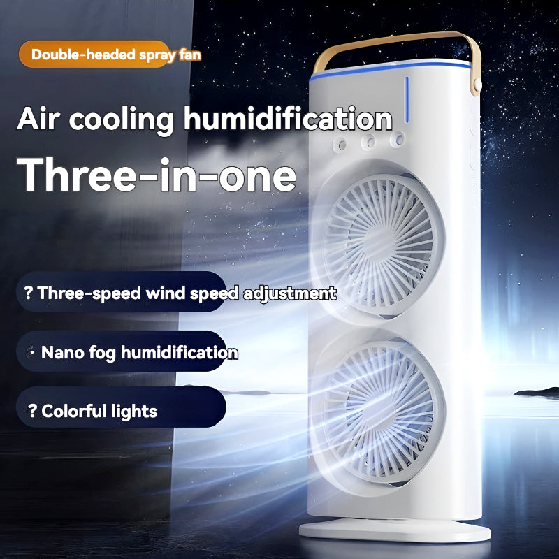 3-in-1 Multifunctional Rechargeable Spray Cooling Fan with Dual Head, RGB Lights & Mist Cooling