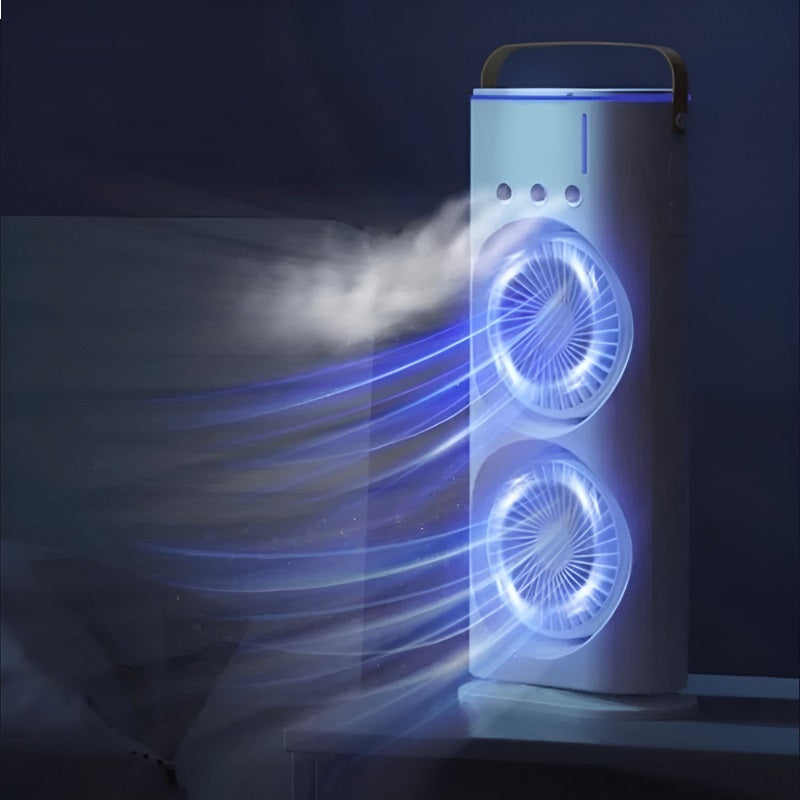 3-in-1 Multifunctional Rechargeable Spray Cooling Fan with Dual Head, RGB Lights & Mist Cooling