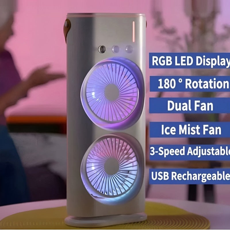 3-in-1 Multifunctional Rechargeable Spray Cooling Fan with Dual Head, RGB Lights & Mist Cooling