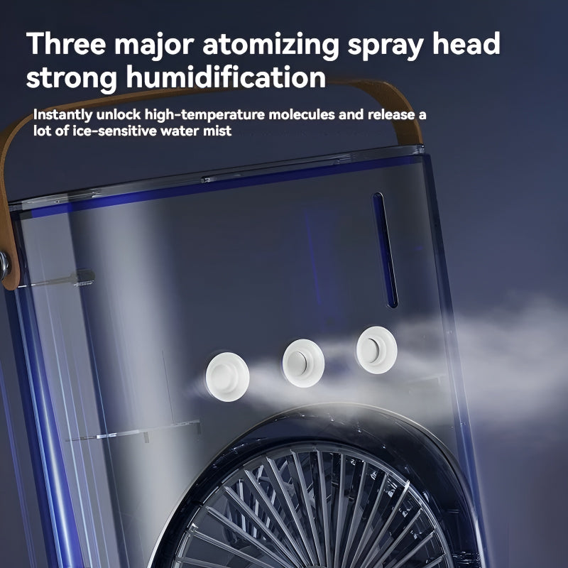3-in-1 Multifunctional Rechargeable Spray Cooling Fan with Dual Head, RGB Lights & Mist Cooling