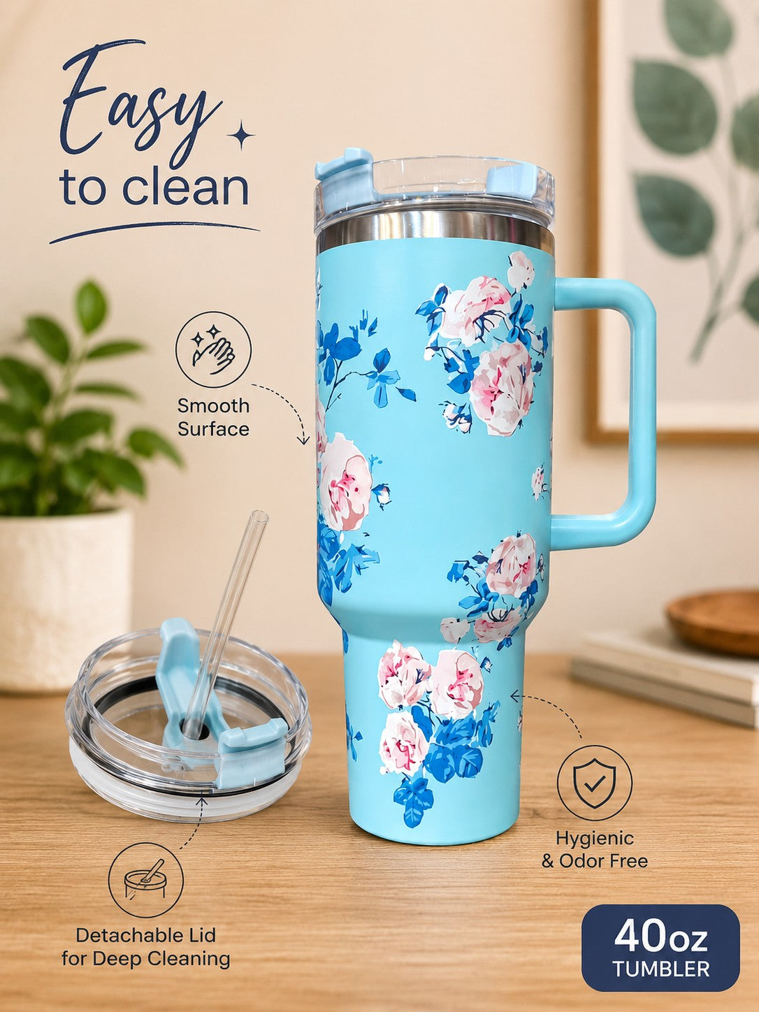 40oz Floral Stainless Steel Tumbler with Handle