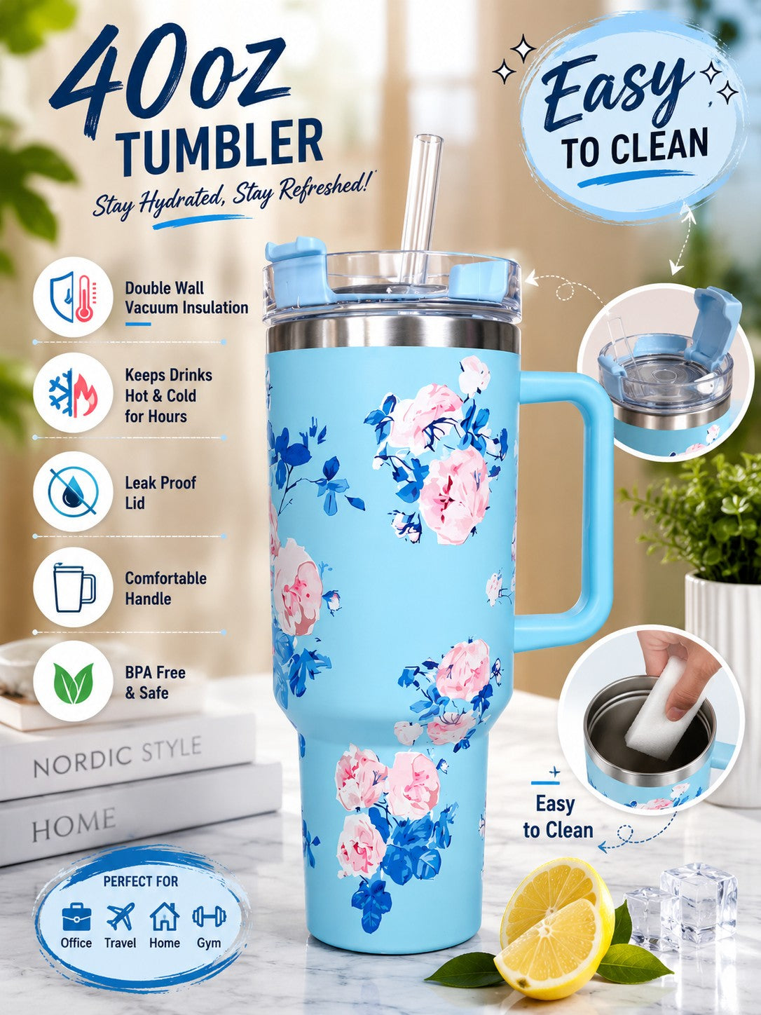 40oz Floral Stainless Steel Tumbler with Handle