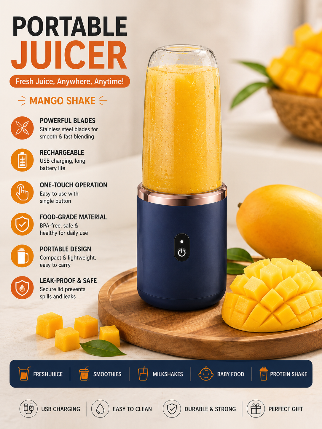 portable juicer. Designed for home, office, gym, travel, and outdoor use.