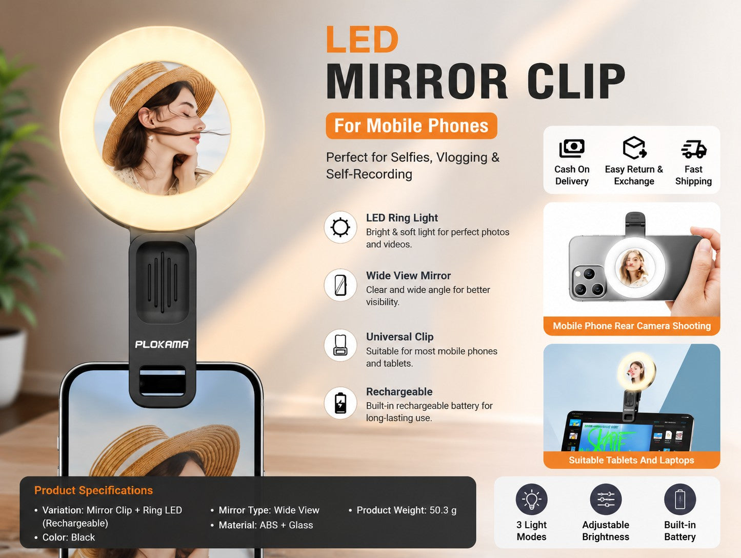 Magnetic Fill Led Light, Rechargeable LED Mirror Clip, selfie ring light