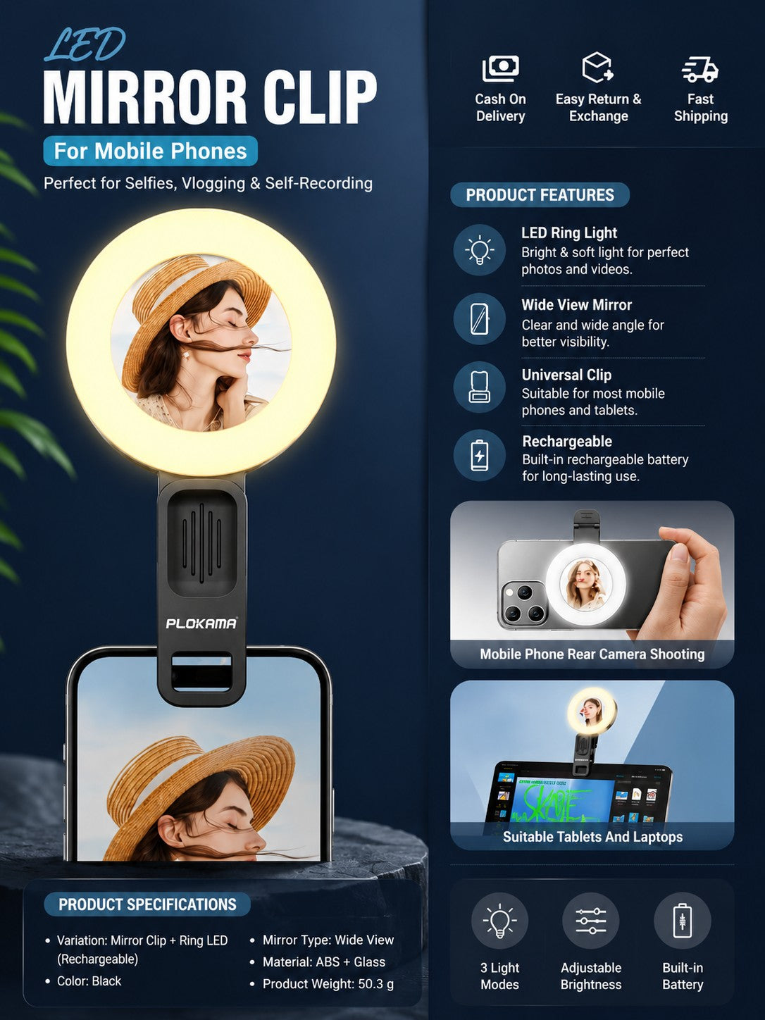 Magnetic Fill Led Light, Rechargeable LED Mirror Clip, selfie ring light