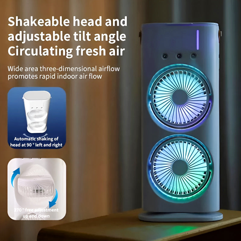 3-in-1 Multifunctional Rechargeable Spray Cooling Fan with Dual Head, RGB Lights & Mist Cooling