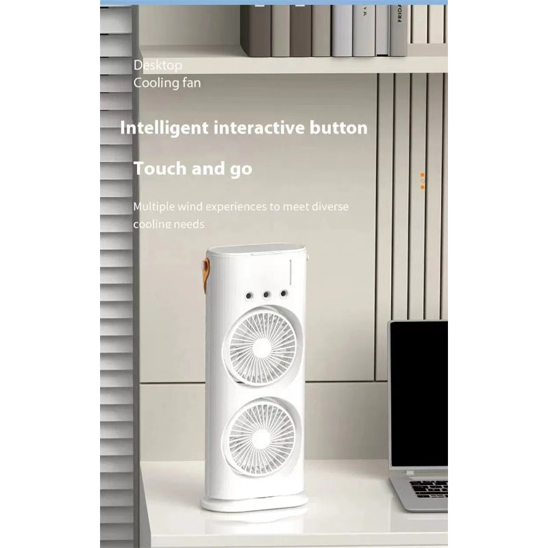 3-in-1 Multifunctional Rechargeable Spray Cooling Fan with Dual Head, RGB Lights & Mist Cooling