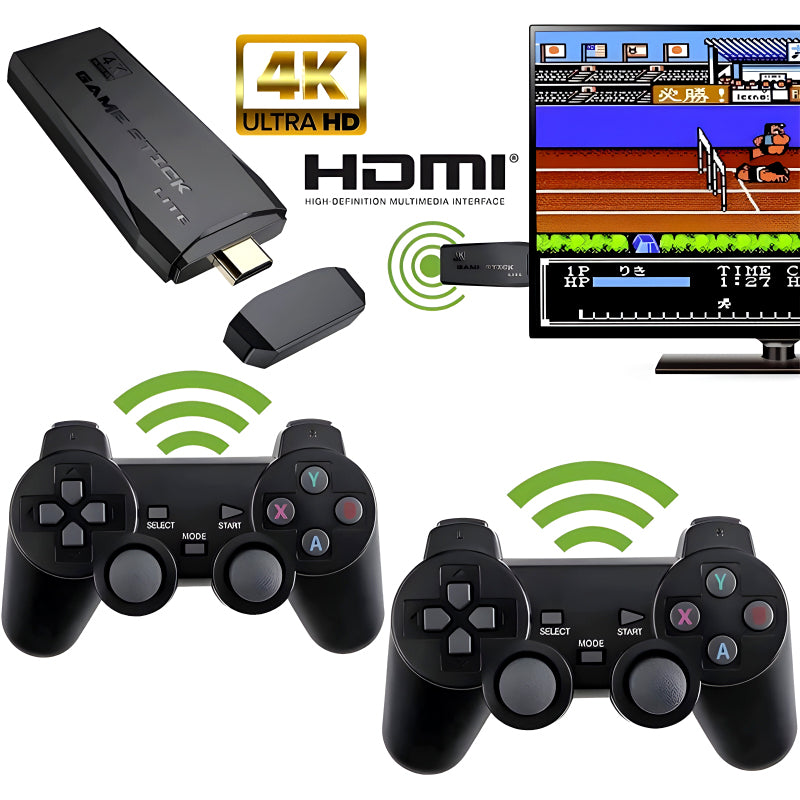 M8 HDMI Game Stick Lite Console – 64GB | 10,000 Retro Games | Dual Wireless Controllers | 4K Plug & Play Gaming System