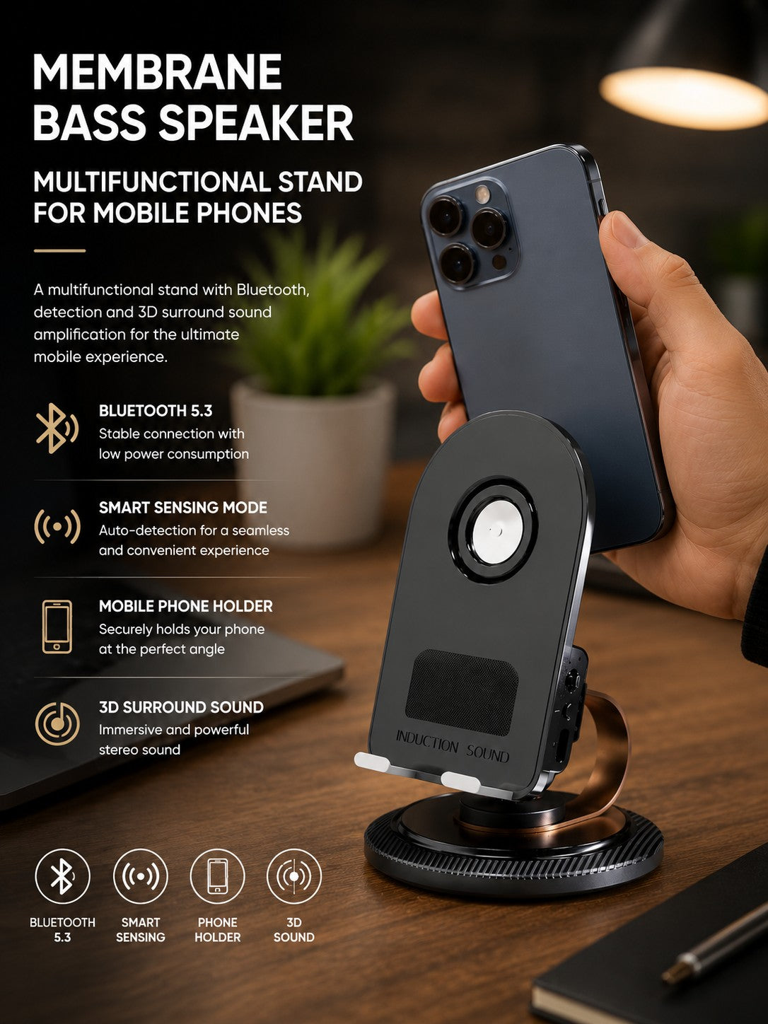 Bluetooth Mobile Phone Holder with Membrane Bass Speaker