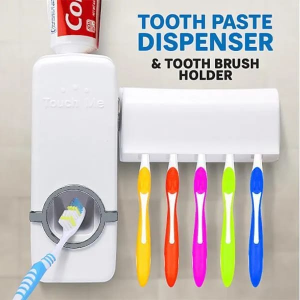 Set of Toothpaste Dispenser & Toothbrush Holder - White Automatic Toothpaste Dispense