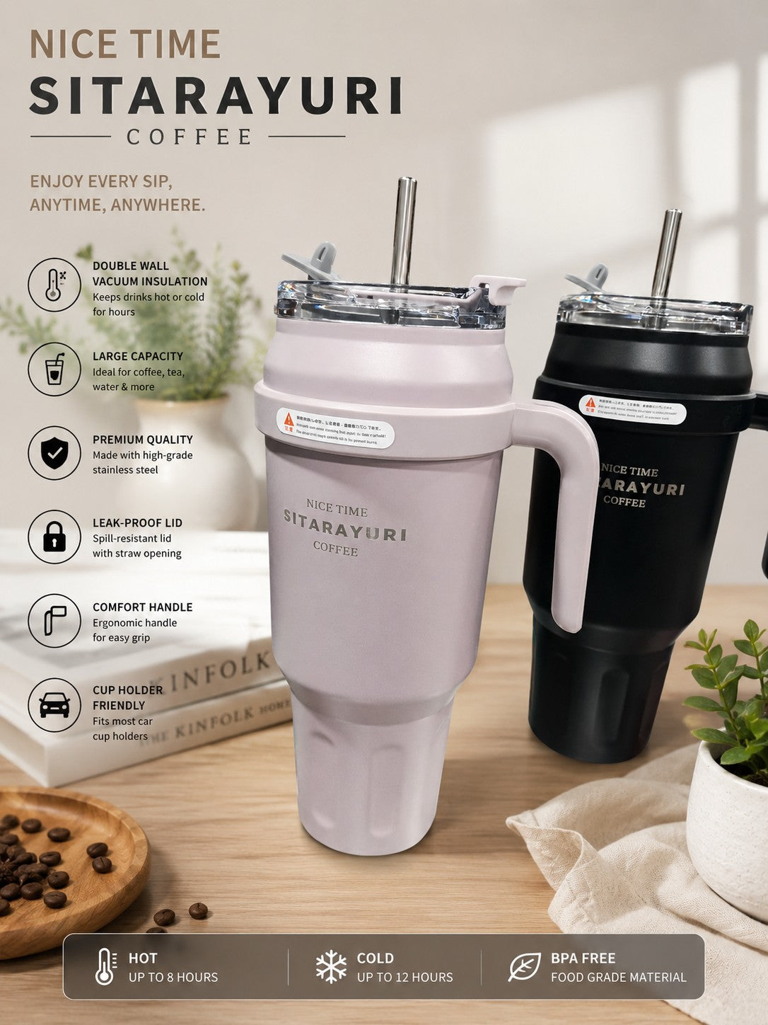 Premium insulated coffee tumbler with ergonomic handle, double-wall Vacume,Stainless steel