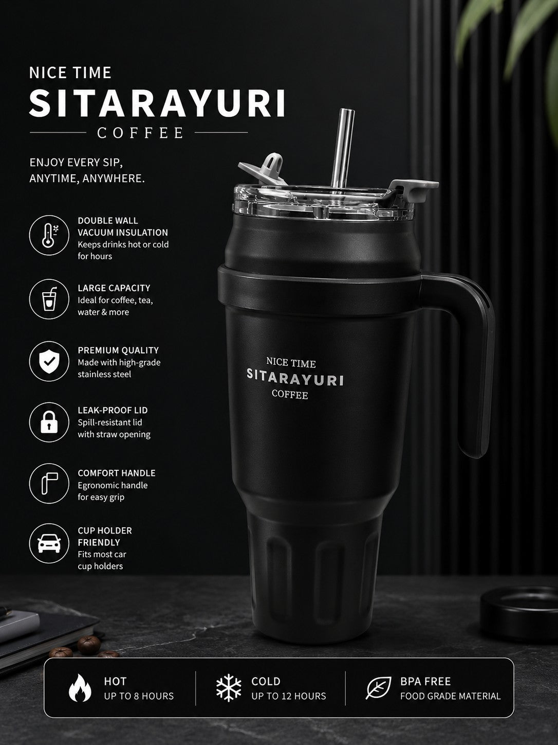 Premium insulated coffee tumbler with ergonomic handle, double-wall Vacume,Stainless steel