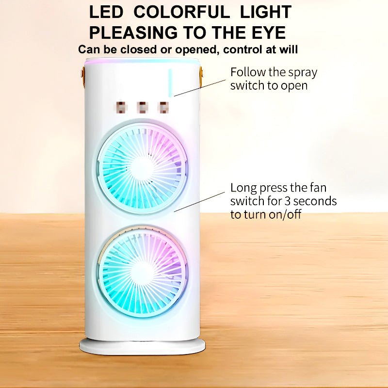 3-in-1 Multifunctional Rechargeable Spray Cooling Fan with Dual Head, RGB Lights & Mist Cooling