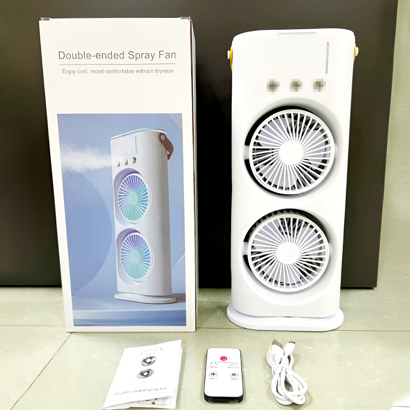 3-in-1 Multifunctional Rechargeable Spray Cooling Fan with Dual Head, RGB Lights & Mist Cooling