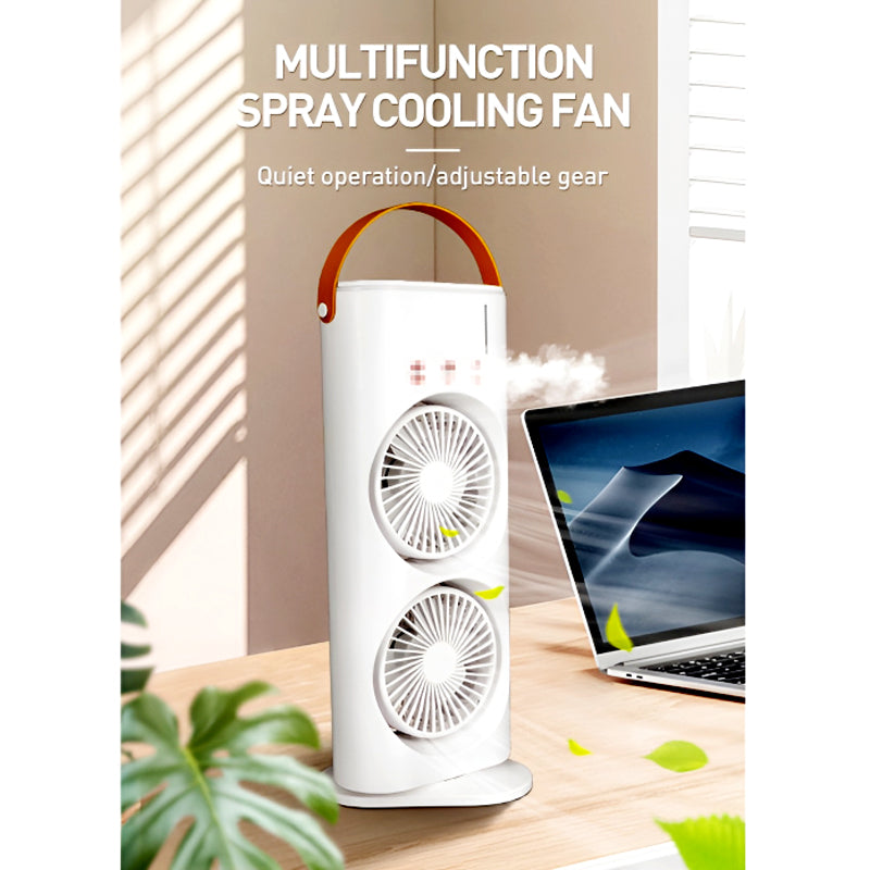3-in-1 Multifunctional Rechargeable Spray Cooling Fan with Dual Head, RGB Lights & Mist Cooling