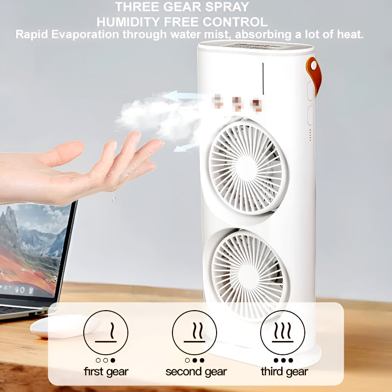 3-in-1 Multifunctional Rechargeable Spray Cooling Fan with Dual Head, RGB Lights & Mist Cooling