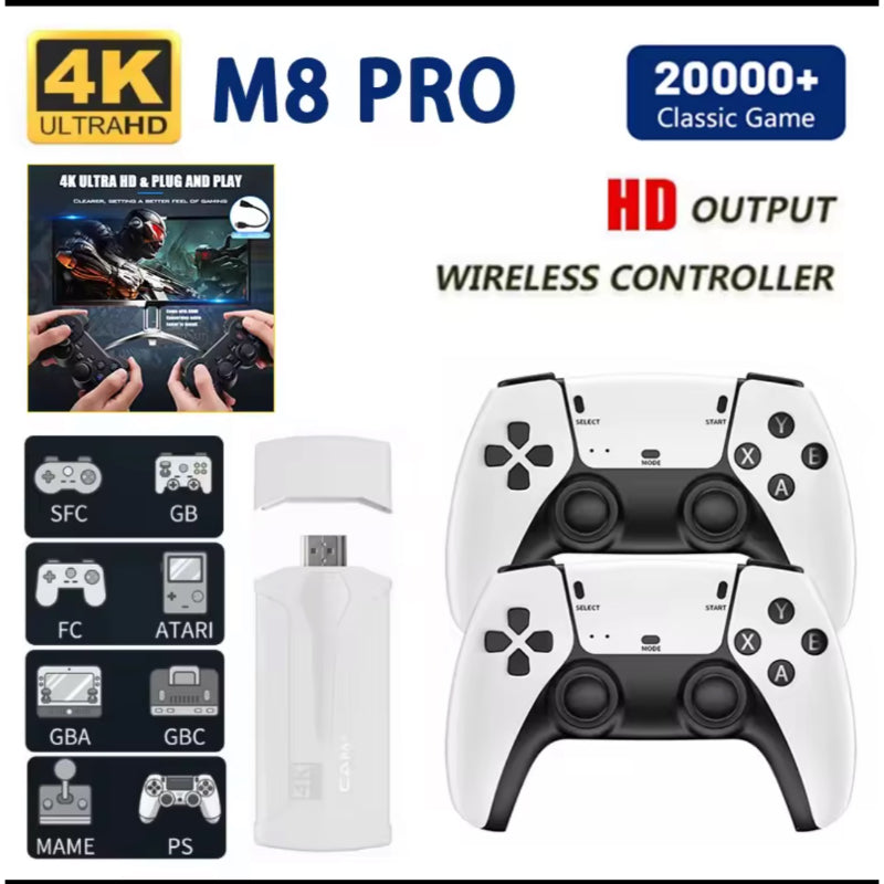 2.4G Wireless M8 Pro 4K Retro Game Stick 64GB with 20,000+ Classic Games & Dual Wireless Controllers