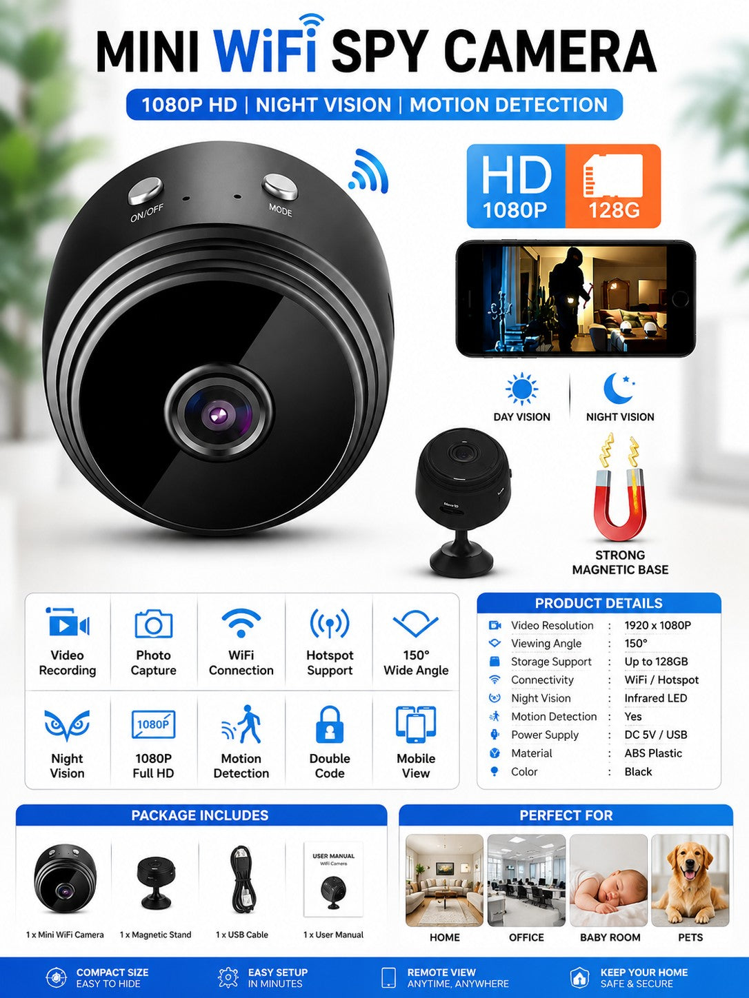 Mini WiFi Spy Camera, 1080P HD, night vision, motion detection, magnetic mount, modern lifestyle