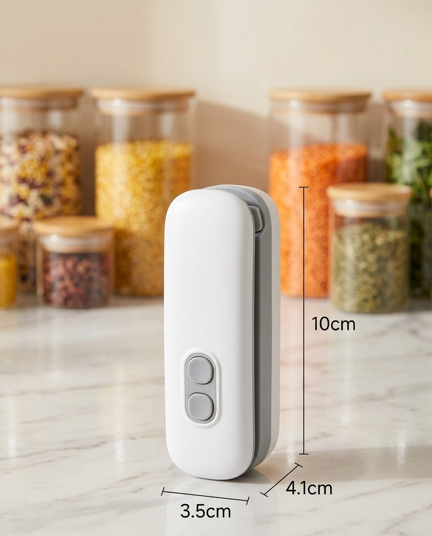 Compact, rechargeable 2-in-1 mini sealer and cutter keeps your snacks perfectly fresh. Smart, magnetic, and ultra-portable.