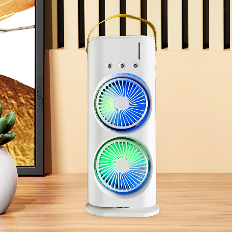 3-in-1 Multifunctional Rechargeable Spray Cooling Fan with Dual Head, RGB Lights & Mist Cooling