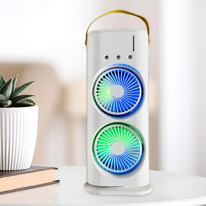 3-in-1 Multifunctional Rechargeable Spray Cooling Fan with Dual Head, RGB Lights & Mist Cooling