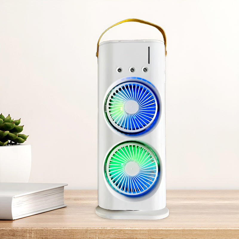 3-in-1 Multifunctional Rechargeable Spray Cooling Fan with Dual Head, RGB Lights & Mist Cooling