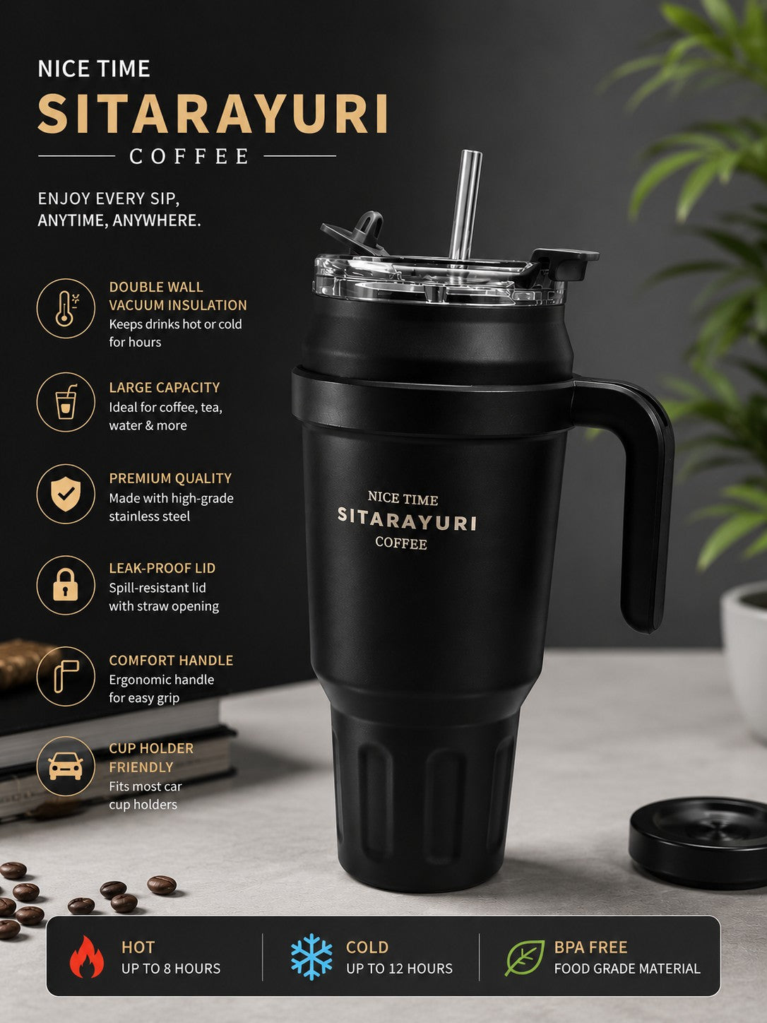Premium insulated coffee tumbler with ergonomic handle, double-wall Vacume,Stainless steel