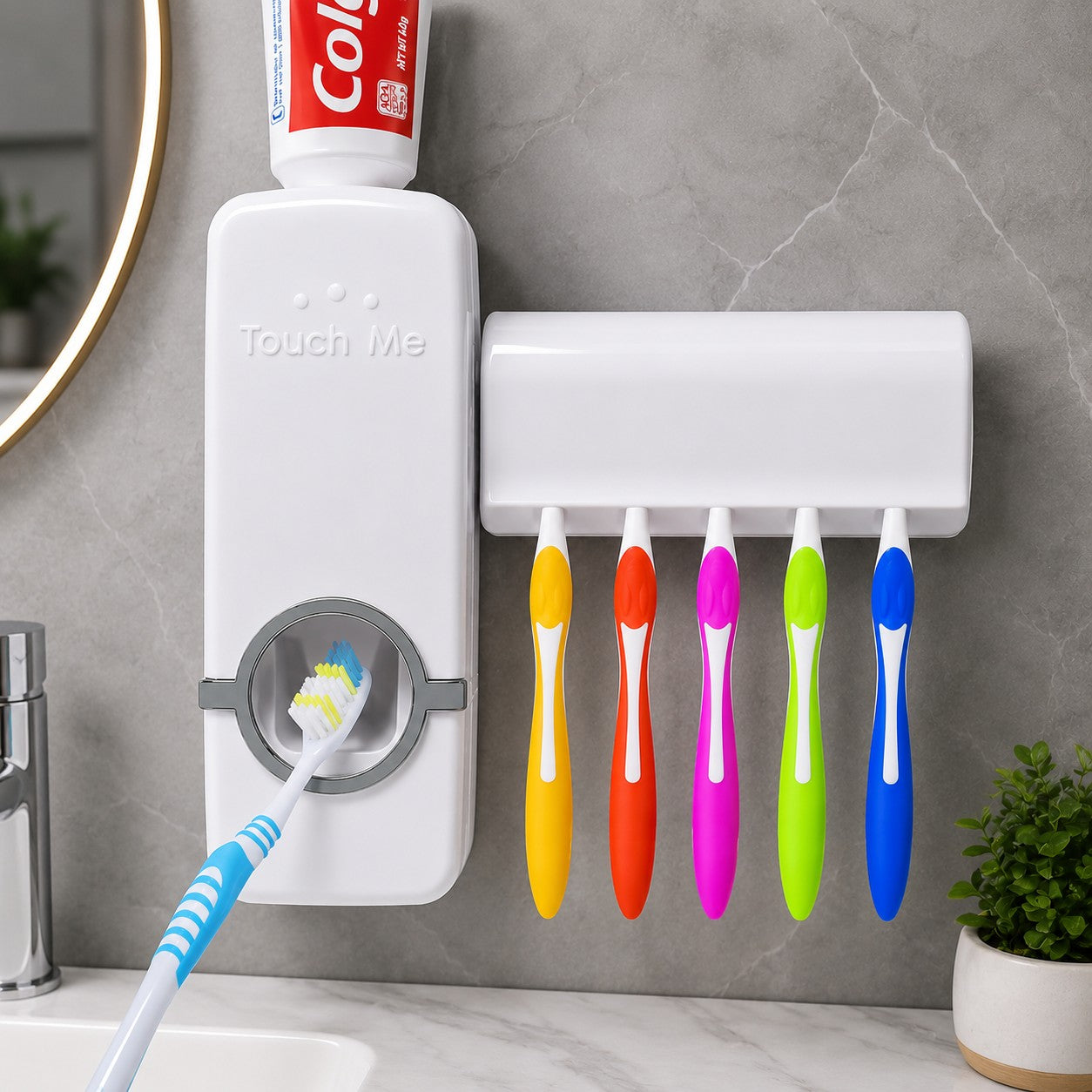 Set of Toothpaste Dispenser & Toothbrush Holder - White Automatic Toothpaste Dispense