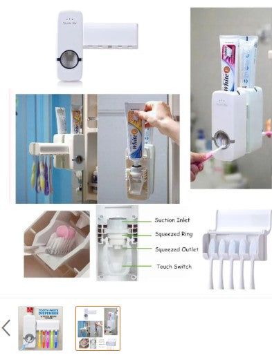 Set of Toothpaste Dispenser & Toothbrush Holder - White Automatic Toothpaste Dispense