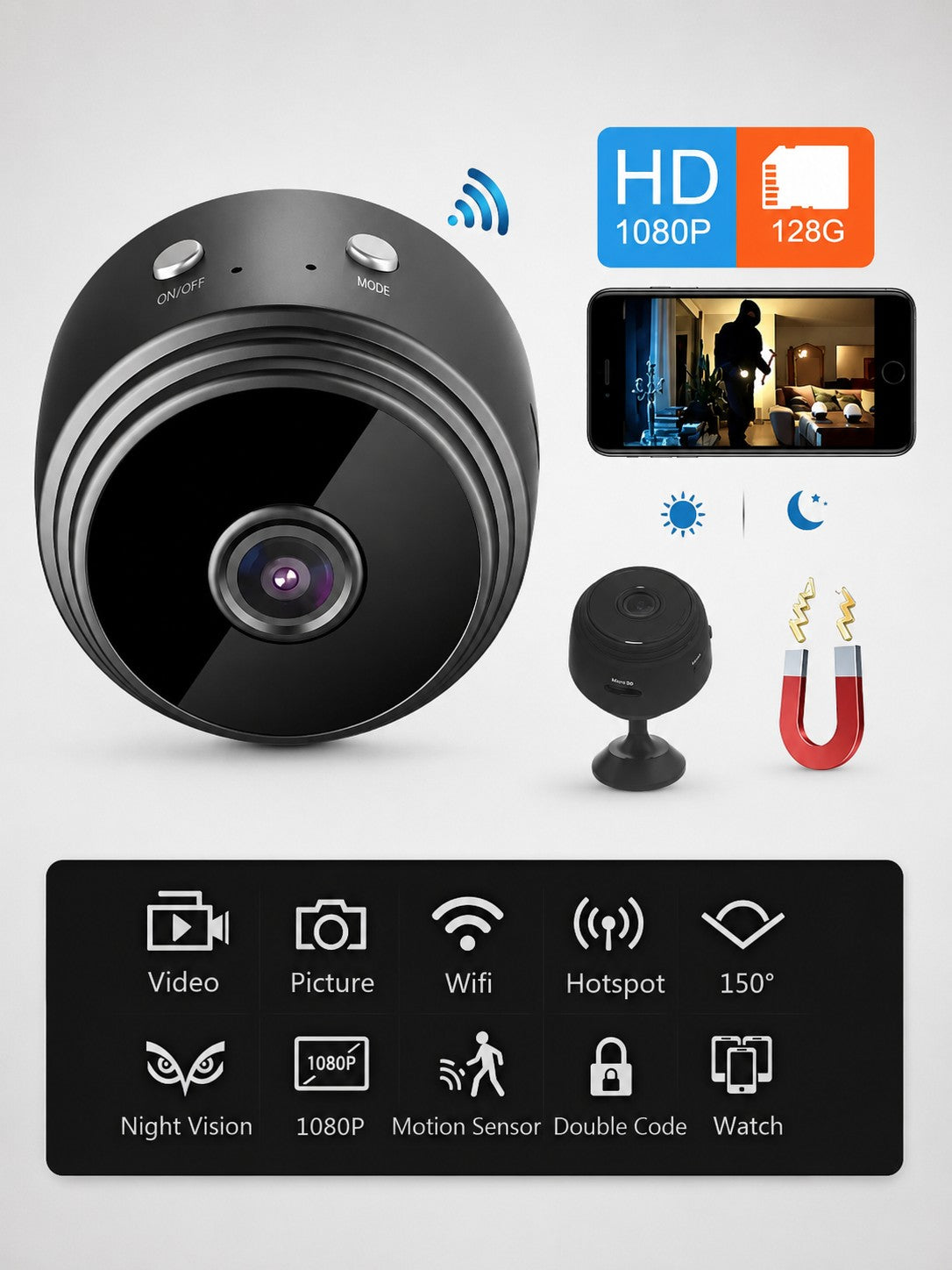 Mini WiFi Spy Camera, 1080P HD, night vision, motion detection, magnetic mount, modern lifestyle